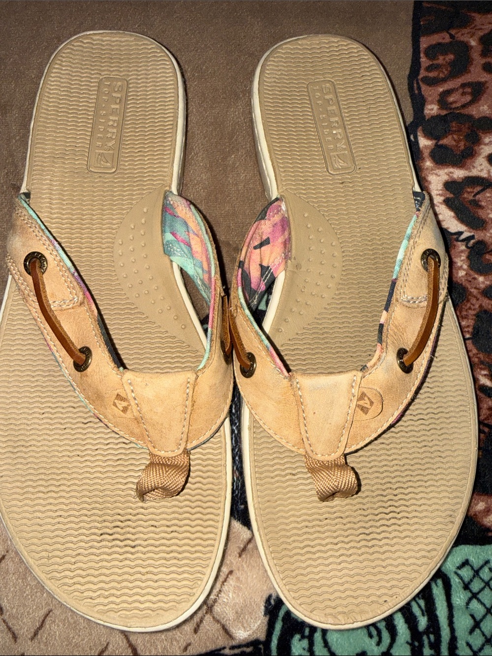 Sperry Tan Flip Flop Sandals with Multicolor Fabric Detail - Picture 2 of 3